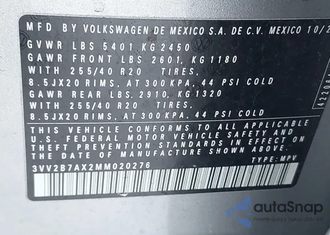 2021 Volkswagen Tiguan 2.0T Se/2.0T Se R-Line Black/2.0T Sel from USA, damaged, VIN 3VV2B7AX2MM020276